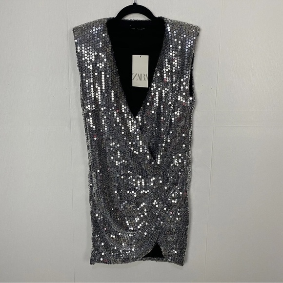 ZARA Draped Padded Silver Sequin Mini Dress Womens Size Small Blogger Favorite - Picture 1 of 4
